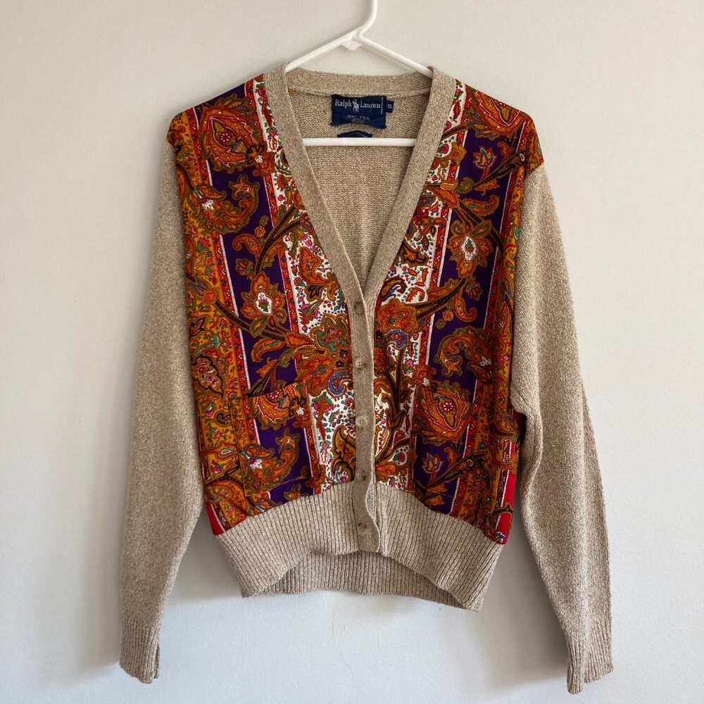 Vintage 1990s Ralph Lauren Silk Knit Cardigan Paisley Panel